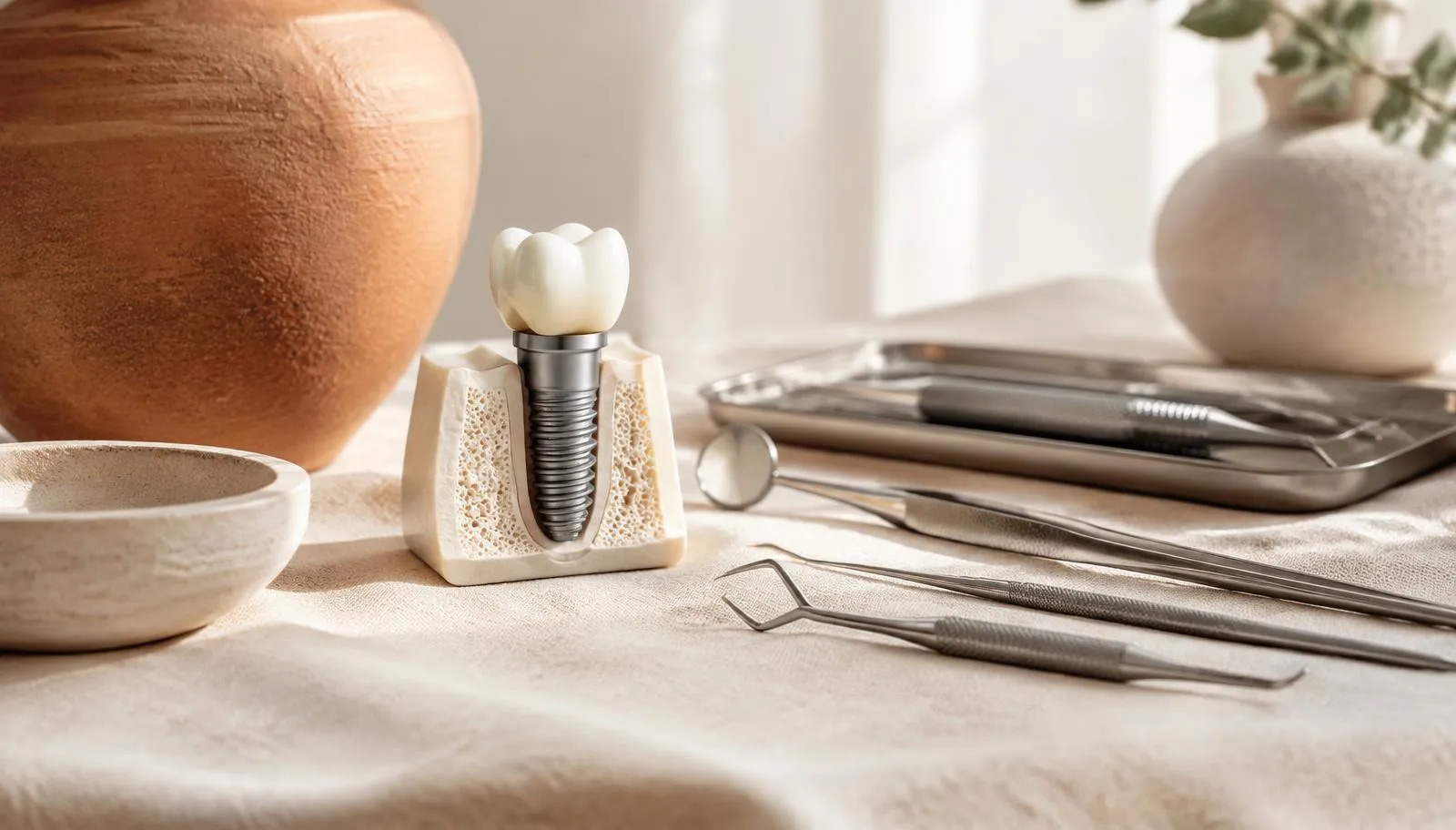 Maquette d'implant dentaire en titane dans l'os, à côté d'instruments de chirurgie